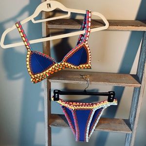 Blue Multicolored Woven Triangle Bikini
